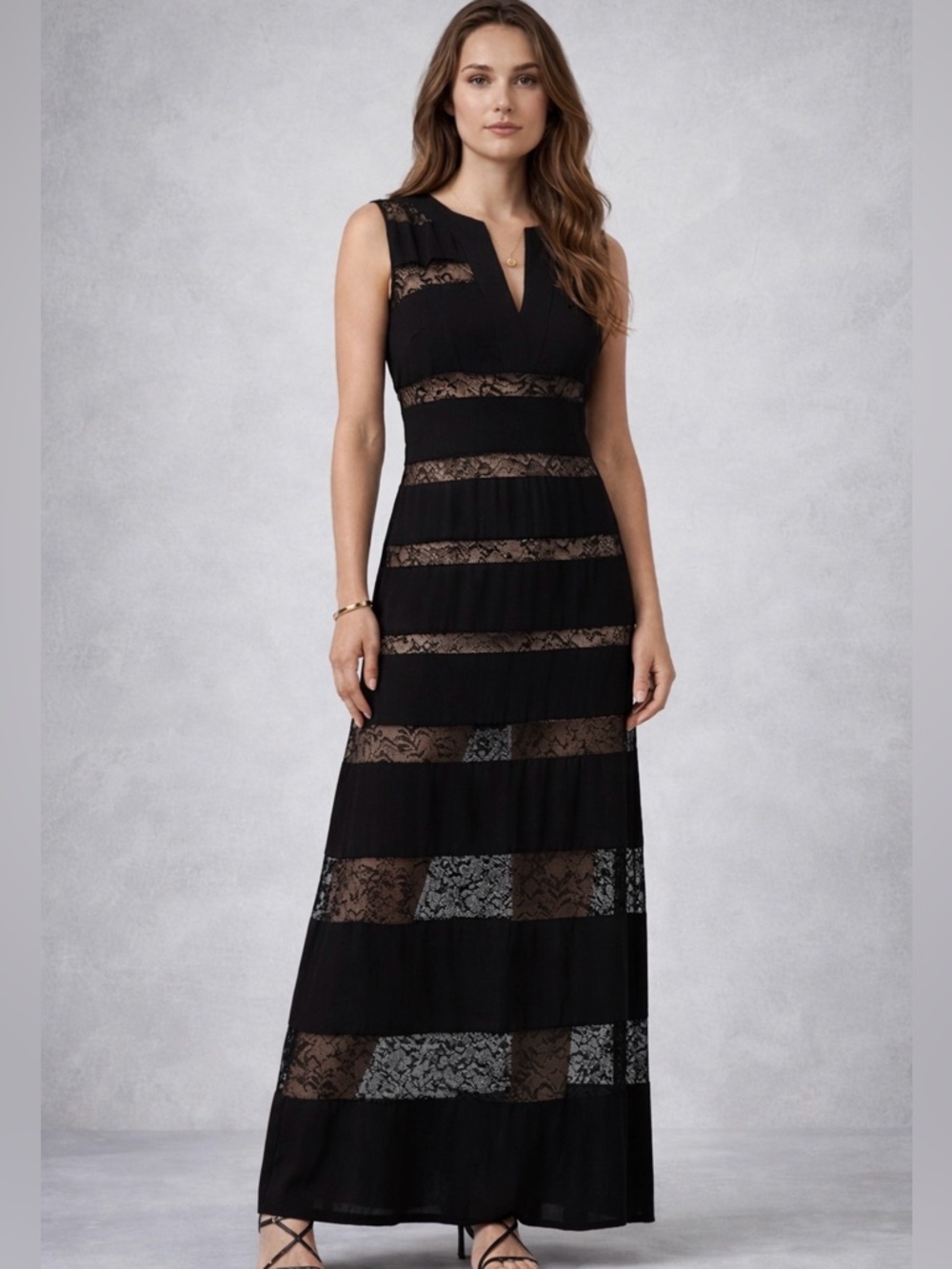 BCBG Angie Black Lace Panel Maxi Dress Size M